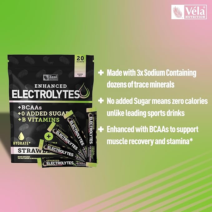 Enhanced Electrolyte Powder Stick Packs (Strawberry Kiwi | 20 Packets) w/ 0 Sugar +BCAAs +B-Vitamins Electrolyte Supplement w Potassium Zinc &amp Magnesium for Hydration - Keto Electrolytes