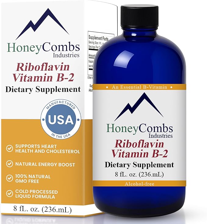 HoneyCombs Riboflavin Vitamin B2 Liquid Drops 750 Percent DV b2 Made in USA Alcohol Free B2 Vitamins Supplement Alternative to Capsules for Adult Daily Use (8 Fl oz)