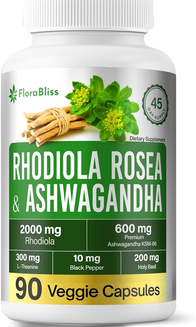 FloraBliss Rhodiola Rosea with Ashwagandha KSM-66 L-Theanine Holy Basil &amp Black Pepper - 90 High Potency Vegan Capsules - 45-Day Supply