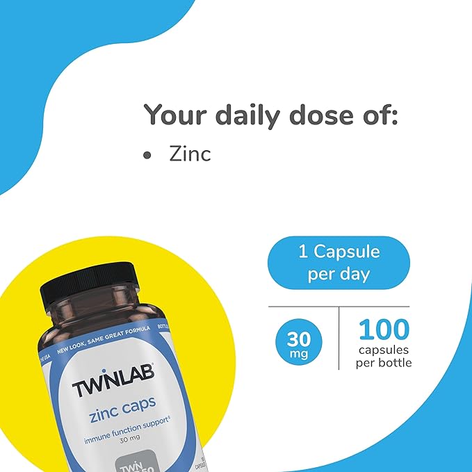 Twinlab Zinc Caps - Immune Support Supplement - Zinc Picolinate &amp Gluconate - Supplement for Immune Defense Healthy Skin DNA Synthesis Metabolism and Growth - 30mg 100 Caps - 2 Pack