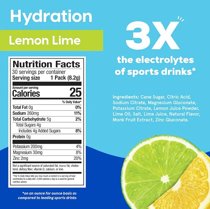 Hydrant Hydrate Individual Hydration Electrolyte Powder Stick Packets with No Artificial Sweeteners Colors or Fillers (Lemon Lime 30 Pack)