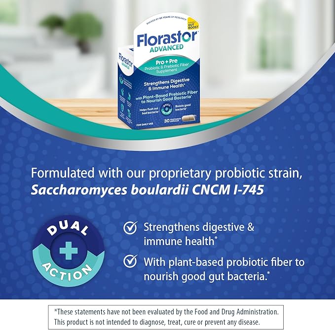 Florastor Advanced Pro+Pre Daily Probiotic and Prebiotic Supplement for Women and Men Boosts Good Bacteria Saccharomyces Boulardii CNCM I-745 (30 Capsules) (Pack of 1)