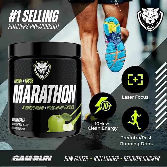 6AM Run Marathon | Running Supplements for Endurance &amp Stamina | Amino Energy with BCAAs for a Clean Pre Running Fuel | No Jitters | Marathon Essentials | Green Apple | 30 Servings