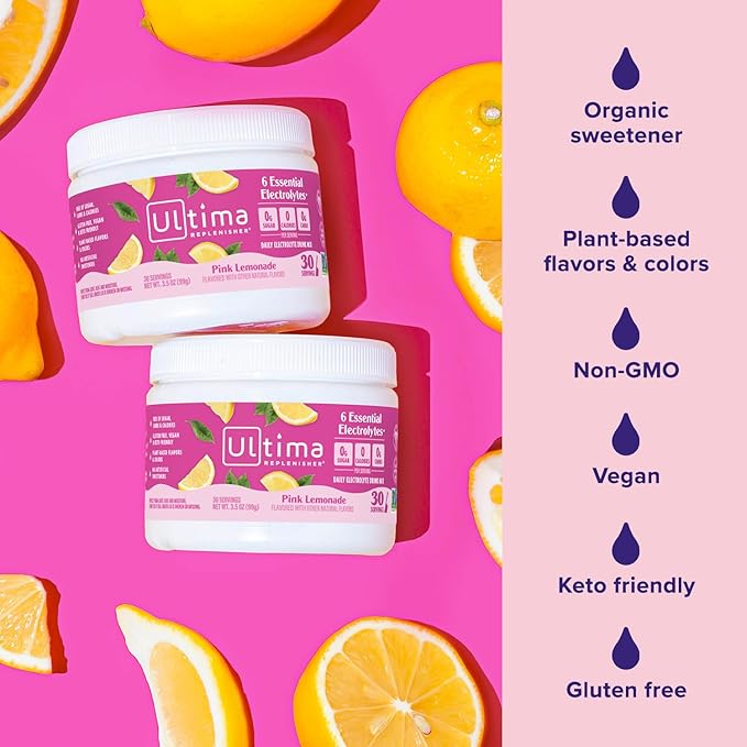 Ultima Replenisher Daily Electrolyte Powder Drink Mix – Sugar Free – Pink Lemonade 30 Serving – Hydration Powder with 6 Key Electrolytes and Trace Minerals – Keto Friendly Vegan Non-GMO