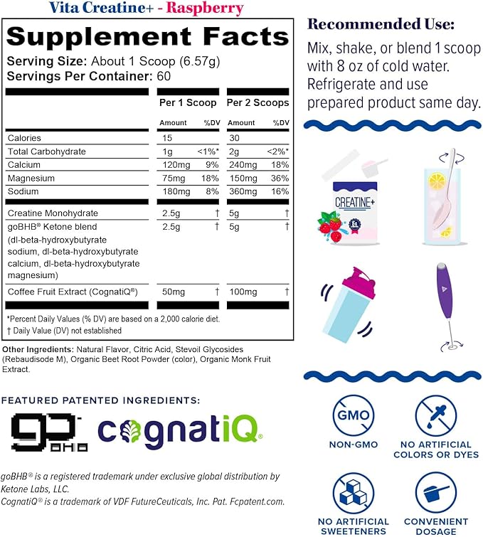 Creatine Monohydrate Powder for Women Micronized Creatine Monohydrate with goBHB &amp CognatiQ for Building Strength Energy &amp Mental Clarity – 5g Creatine per Serving – Raspberry Flavored – 30
