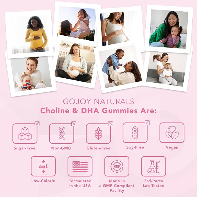 GOJOY NATURALS Prenatal Gummies with Choline &amp DHA - Preconception Pregnancy &amp Postnatal Vitamins for Women - Choline 250mg + DHA 150mg - Vegan Sugar-Free Non-GMO