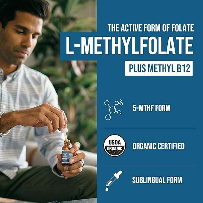 Organic Methyl Folate 1000 mcg + Methyl B12 Cofactor (300 Servings) – Metabolically Active 5-MTHF Form Organic Berry Flavor Liquid Sublingual Form – Mood Cognition Methylation Pregnancy (1oz)