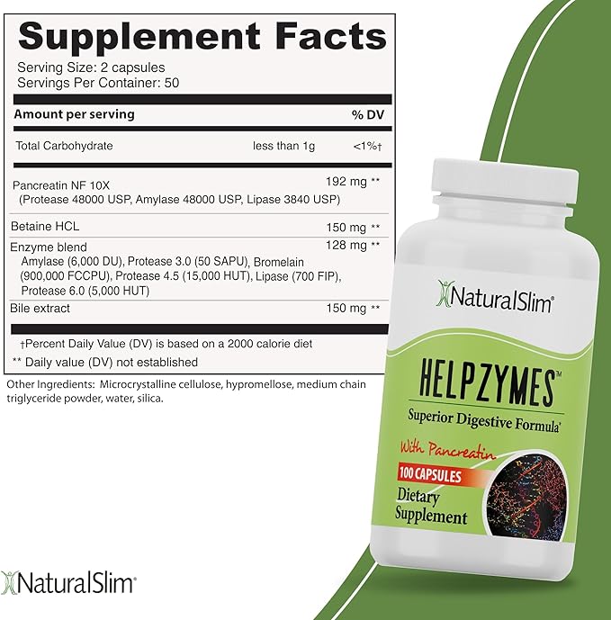 NaturalSlim Digestive Enzymes for Women &amp Men - Helpzymes Essential Enzymes for Digestion Gut Health Gas Bloating Relief with Bromelain Ox Bile Pancreatin. &amp Betaine HCL - 100 Capsules Sol