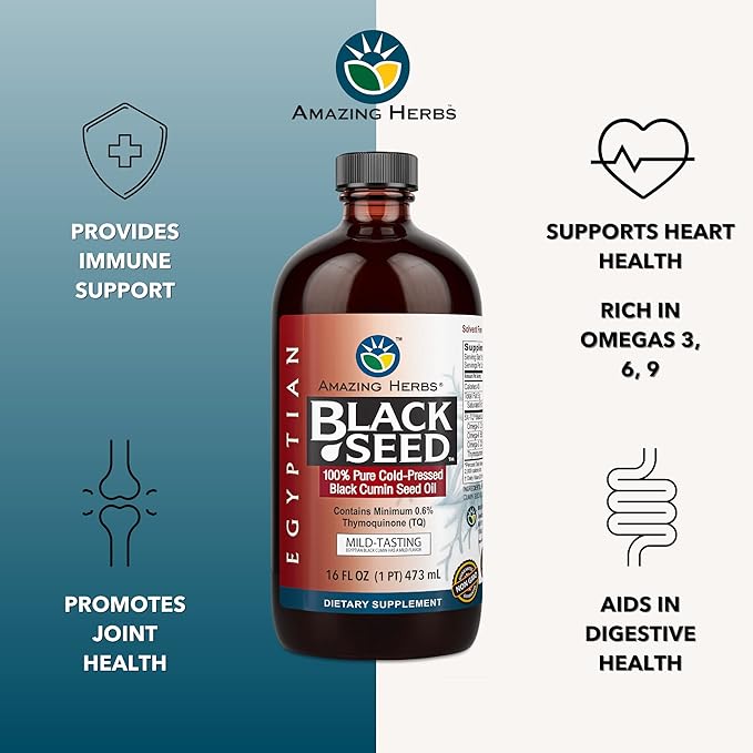 Amazing Herbs Egyptian Black Seed Oil - Gluten Free Non GMO Cold Pressed Nigella Sativa Aids in Digestive Health Immune Support Brain Function Mild Flavor - 16 Fl Oz