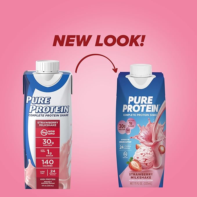 Pure Protein Strawberry Protein Shake 30g Complete Protein Ready to Drink and Keto-Friendly Vitamins A C D and E plus Zinc to Support Immune Health 11oz Bottles 12 Pack