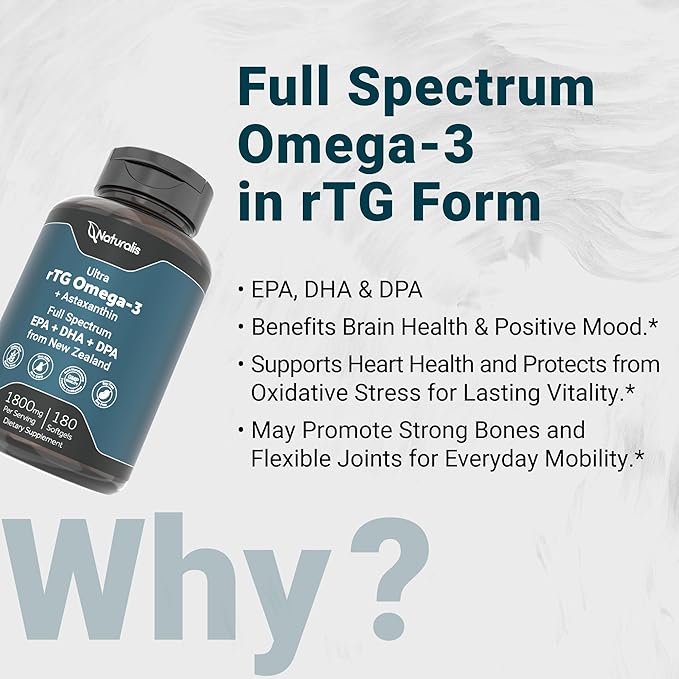 Naturalis Ultra rTG Omega 3 Fish Oil 1800mg from Wild New Zealand Tuna | IFOS Certified &amp Sustainably Sourced | Full Spectrum Omega3s EPA DHA &amp DPA | 180 Softgels