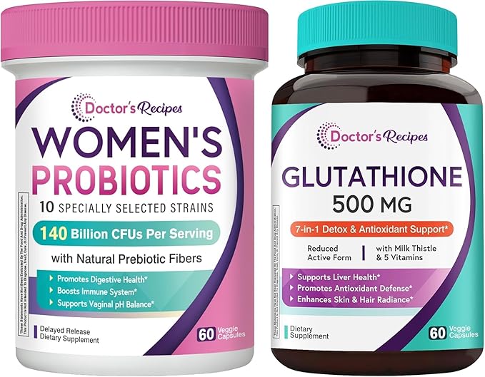Doctor's Recipes Value Bundle (120 Capsules): Glutathione with Milk Thistle + 140B Women's Probiotic with Organic Prebiotics
