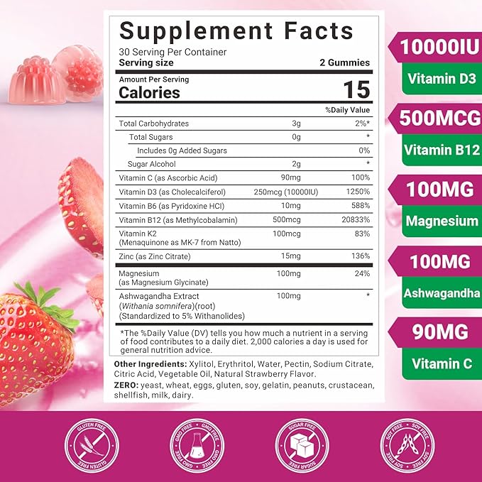 Vitamin D3 B12 Gummies Vitamin D3 10000 IU &amp Methylated B12 500mcg for Adults D3 B12 Vitamin Supplement with Ashwagandha Magnesium Vitamin K2 for Immune &amp Energy Support