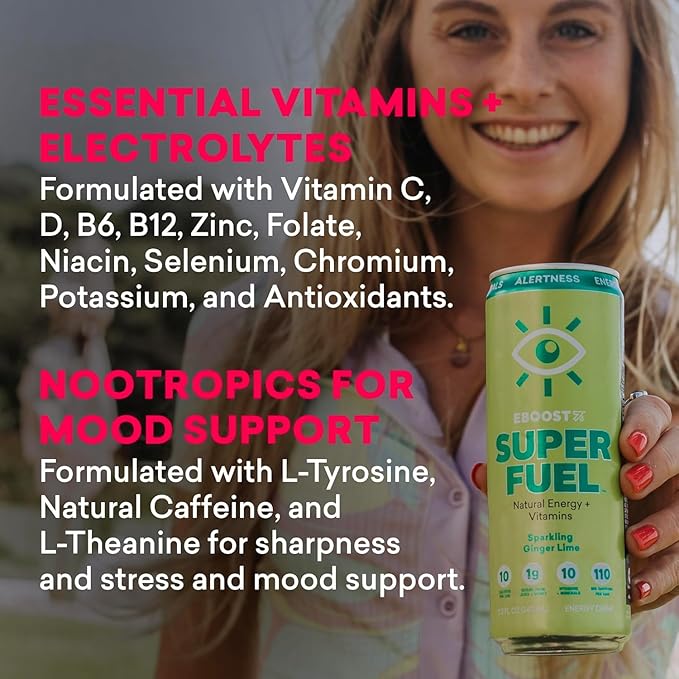 EBOOST Super Fuel Healthy Energy Drink Variety 12 Pack (Old Flavors) - Low Sugar Energy Drink with Natural Caffeine Vitamins Electrolytes &amp Nootropics - Clean Energy Boost No Crash