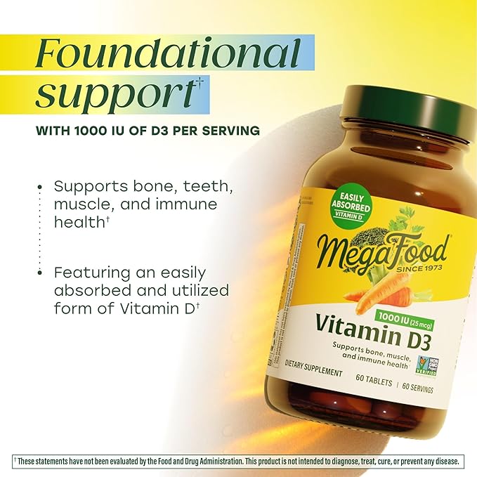 MegaFood Vitamin D3 1000 IU (25 mcg) - Vitamin D Supplements with Real Food Immune Support Supports Bones Teeth &amp Muscles Vegetarian Gluten-Free Non-GMO Kosher – 90 Tablets 90 Servings