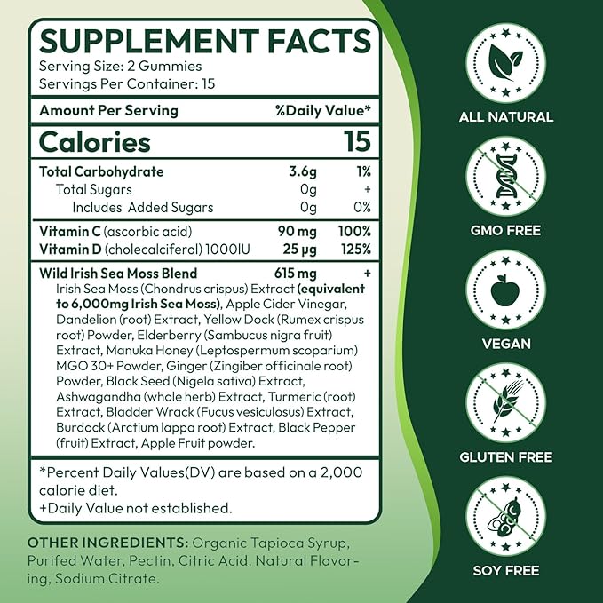 16 in 1 Sea Moss Gummies with Ashwagandha Black Seed Oil Bladder Wrack Turmeric Vitamin C &amp D3 with Manuka Burdock Root Irish Sea Moss Gummies for Women &amp Men Vegan Green Apple 2 Pack