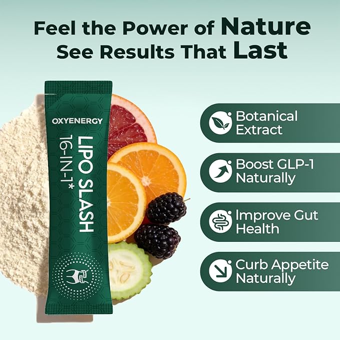 OxyEnergy LIPO Slash 16-in-1 Natural Weight Loss Supplement for Women and Men Supports Gut Health GLP-1 Activate &amp Weight Management Vegan Gluten-Free Non-GMO 30 Packets Orange Flavor