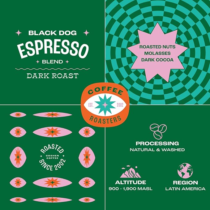 Goshen Coffee Roasters Ground Black Dog Espresso Blend | Dark Roast Espresso or Brewed | Award-Winning Natural and Washed | Roasted Nuts Molasses Dark Cocoa Flavors | 5 lb Bag