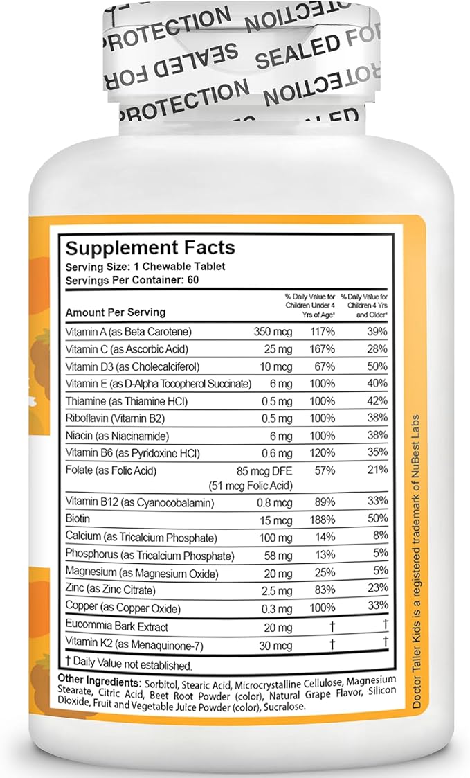NuBest Doctor Taller Kids - Kids Multivitamins Toddler Vitamins - Support Healthy Immunity and Bone Strength for Ages 2 to 9 - Grape Flavor - 60 Vegan Chewable Tablets | 1 Month Supply
