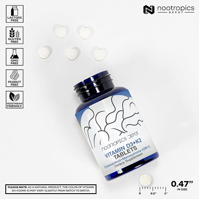 Nootropics Depot Vitamin D3 + K2 with Vitamin C Tablets | 60 Count | Cholecalciferol + Menaquinone-4 (MK-4) | Mood &amp Bone Health | Healthy Calcium Absorption