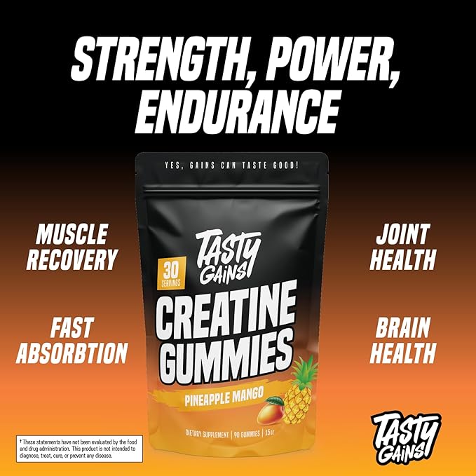 TASTY GAINS Creatine Gummies - 90g of Creatine Monohydrate - Workout Supplements - Build Muscle &amp Boost Strength for Men &amp Women - Made in USA - Non GMO - Vegan Friendly (Large Pineapple Mang