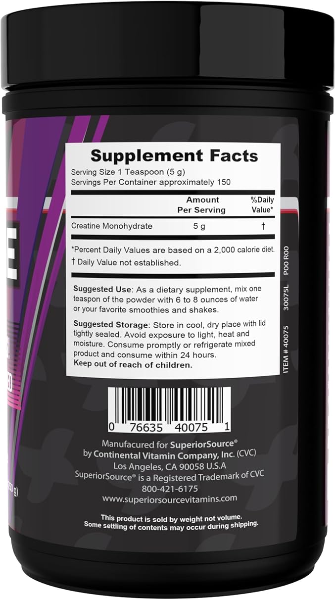 Superior Source Creatine Monohydrate 750G 5000mg Per Serv (5g) - 150 Servings 26.5 oz Muscle Growth Enhanced Strength Supports Post-Workout Recovery Ideal for High-Intensity Training Non-GMO