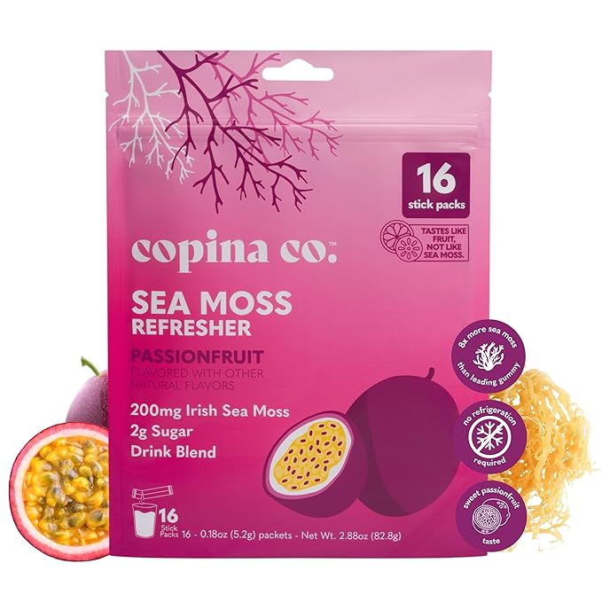 Organic Irish Sea Moss Powder 200mg Packets for Gut Health and Immune Support - Passionfruit Flavored Seamoss Drink with Coconut Water for Hydration Muscle Recovery - 16 Stick Packs