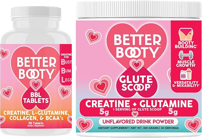 Angry Supplements Better Booty Women's Creatine Combo: BBL Tablets (90ct) w. Creatine Glutamine BCAA's Collagen + Glute Scoop Creatine &amp Glutamine Unflavored Drink Mix