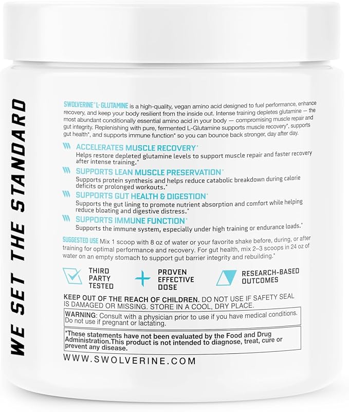Swolverine L-Glutamine | Reduces Exercise Induced Muscle Soreness Improves Recovery Enhances Gut Health Supports Immune Health Vegan Non-GMO GF 5g Per Serving (30 Servings)
