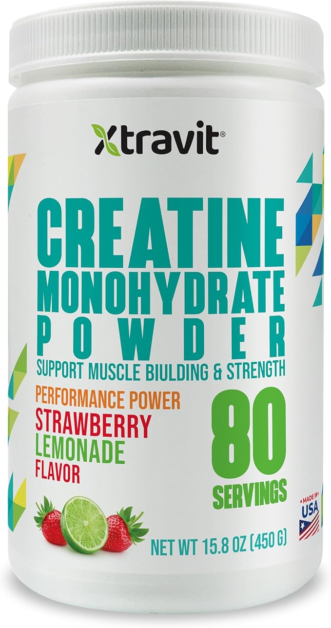 Creatine Monohydrate Powder Supplements – Strawberry Lemonade Flavored Drink Mix for Men &amp Women - Support Muscle Gains &amp Strength - Pure Filler &amp GMO Free Supplement 5000mg 15.8 oz