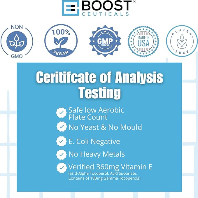 BoostCeuticals Gamma E 90mg Mixed Tocopherols - Inflammation Support Heart Health Nitrogen Free Radical Protection Prostate Health Omega 3 Synergy Non-GMO 180 Vegan Capsules