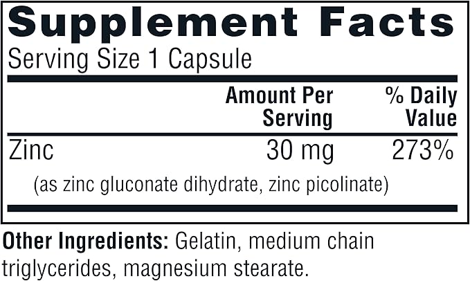 Twinlab Zinc Caps - Immune Support Supplement - Zinc Picolinate &amp Gluconate - Supplement for Immune Defense Healthy Skin DNA Synthesis Metabolism and Growth - 30mg 100 Caps - 2 Pack