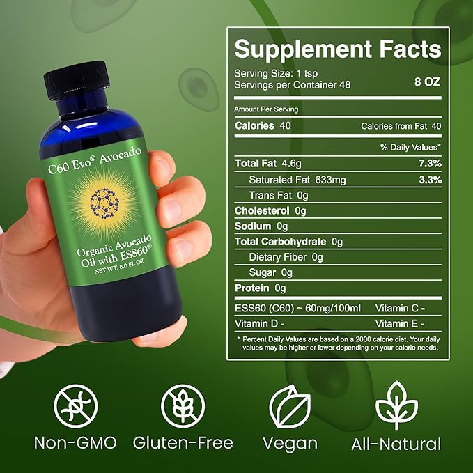 Organic Avocado Oil 100% Pure ESS60 (.6 mg/mL) Supports Joint Health Flexibility Energy Immunity Sleep - 8 oz