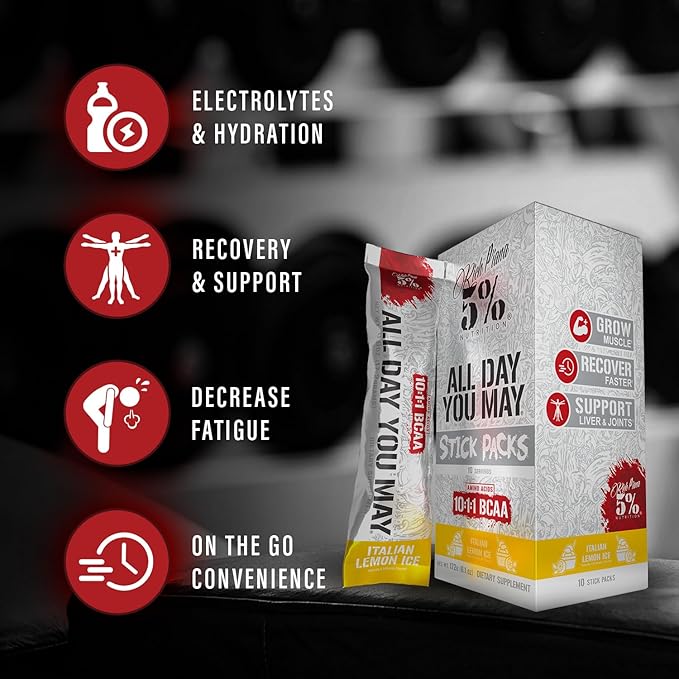 5% Nutrition Rich Piana AllDayYouMay BCAA Powder Stick Packs | Hydration Powder Packets | Electrolyte Drink Mix | Muscle Endurance &amp Recovery | Vegan &amp Keto | (Italian Lemon Ice) (10 Count)