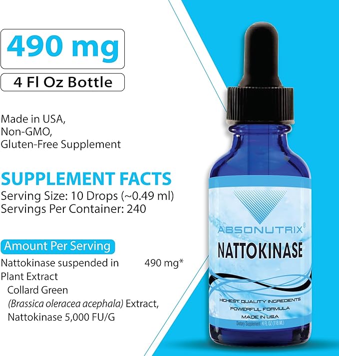 Absonutrix Nattokinase Supplement 490 mg 4 Oz Liquid 240 Servings-5000 Fu Made in USA Quick Absorption Quality Potent Ingredients Non-GMO GMP Certified Facility Cruelty-Free Products