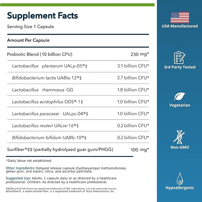 AccuBiotic Synbiotic 10 Billion CFU - Probiotic + Low FODMAP Prebiotic - Supplement for Digestive Immune &amp Gut Health - Supports Occasional Gas &amp Bloating - Shelf-Stable - for Women &amp Men