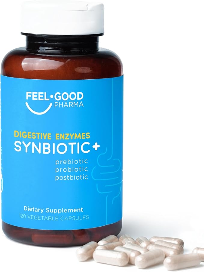 Feel Good Digestive Enzymes 4-in-1 Synbiotic+ – with Prebiotics Probiotics &amp Postbiotics – Gut Health Digestion &amp Bloating Relief – Pharmacist Formulated for Adults