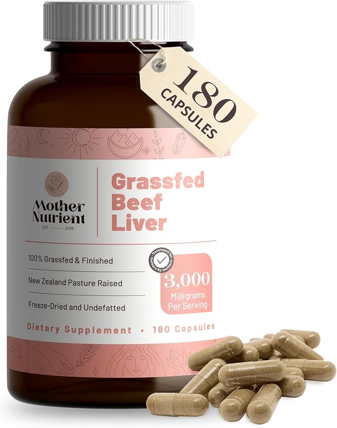 Mother Nutrient Grass Fed Beef Liver Capsules Sourced from Pasture-Raised Beef in New Zealand — Vitamins A and B12 w/Iron Protein and More - 45-Day Supply-180 Capsules