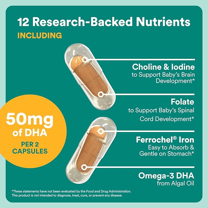 SmartyPants Women’s Prenatal Multivitamin Capsules OB‑GYN Co‑Developed Prenatal Vitamins with Choline Folate Omega 3 DHA &amp Iron for Baby’s Development Gentle on Stomach 60 Count (30 Day Supp