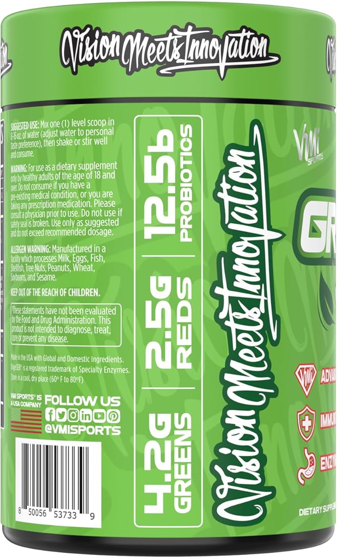 VMI Sports Greens + Reds Advanced Superfood Immunity and Gut Health | Enzymes &amp Probiotics | 30 Servings (Peach Iced Tea)