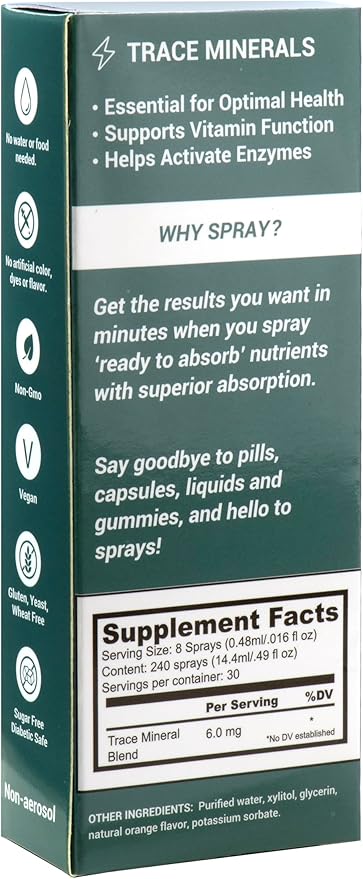 Trace Minerals Oral Supplement Spray Natural Orange Flavor Vegan &amp Non-GMO Formula 6.0 mg Trace Minerals per Serving 30 Day Supply