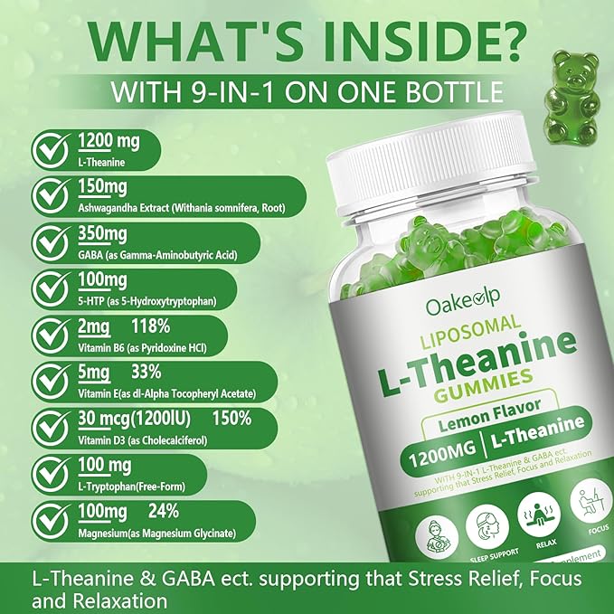 Liposomal L-Theanine 1200mg GummiesComplex Magnesium GABA5-HTPAshwagandha etc for Calm Zzz &amp Relaxation Support for AdultsChildren &amp ElderlyLiposomal Enhance 98% Absorption