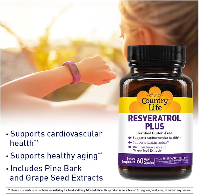Country Life Resveratrol Plus 1000mg - Organic Antioxidant Supplement with Pine Bark &amp Grape Seed Extracts - Vegan Gluten-Free Non-GMO