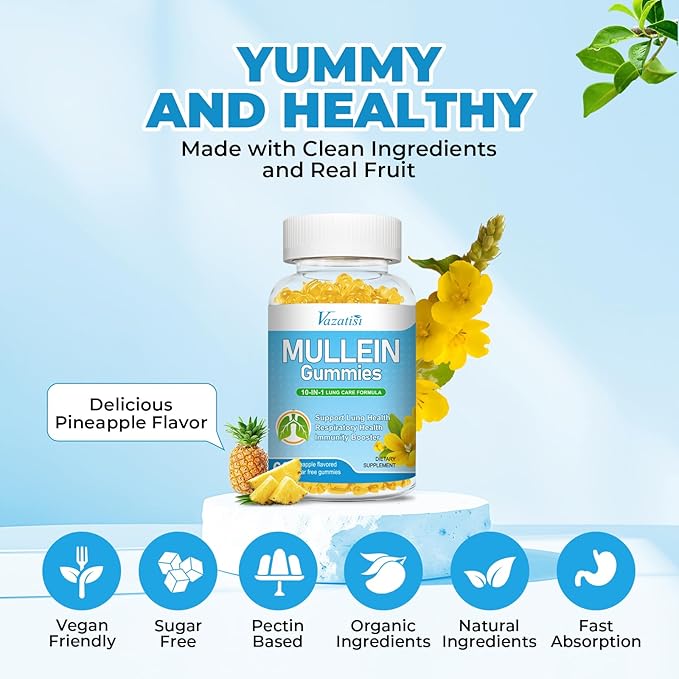 Mullein Gummies Mullein Leaf Extract for Lungs Gummies with Bromelain Quercetin Magnesium - Lung Detox &amp Cleanse Pineapple Flavor 120Cts