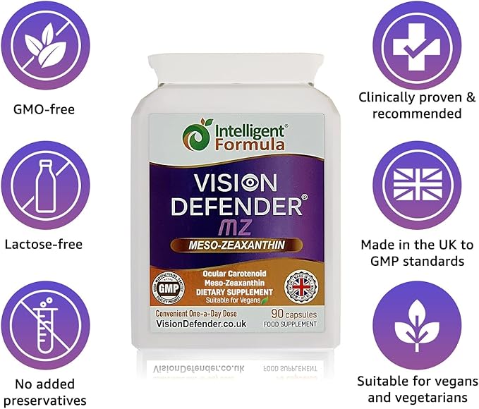 Vision Defender Meso Zeaxanthin Vegan Eye Supplement MZ- Protect and Improve Ocular Health &amp Eye Care High Strength Antioxidant Carotenoid Meso-Zeaxanthin for Eyes (90 Capsules/One Daily) Made in