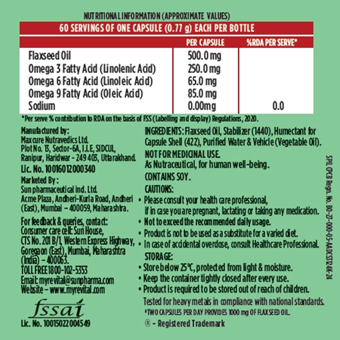 Revital Omega 3 Vegetarian 1000mg Flaxseed Oil |Supports Joint Health Heart Health and enhances Memory Function | Fusion on Omega 36 and 9 |Plant-Powered| 60 Capsules
