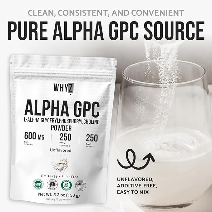 Alpha GPC Powder Alpha-Phosphorylcholine Choline Supplement Unflavored Fine Powder for Smooth Mixing Non-GMO Vegan Additive-Free Gluten-Free 150g (5.3 oz)