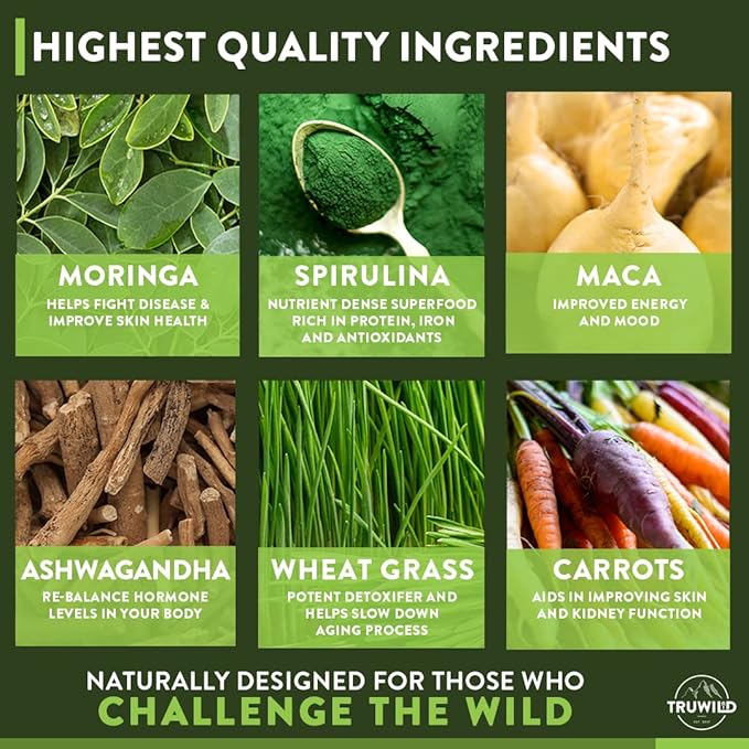 TruWild Greens Superfood Cucumber Powder with 22+ Greens &amp Anti-Oxidants Delicious Green Juice Powder Natural Immune Stress Digestion Support 30 Servings Per Tub (Cucumber Mint)