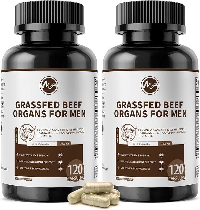 M inch Beef Organs Supplement Beef Liver Capsules with Kidney Pancreas Tribulus Terrestris CoQ10 Zinc &amp Magnesium for Men's Vitali*ty Energ*y Immune Support Gluten-Free Non-GMO 240 Cou