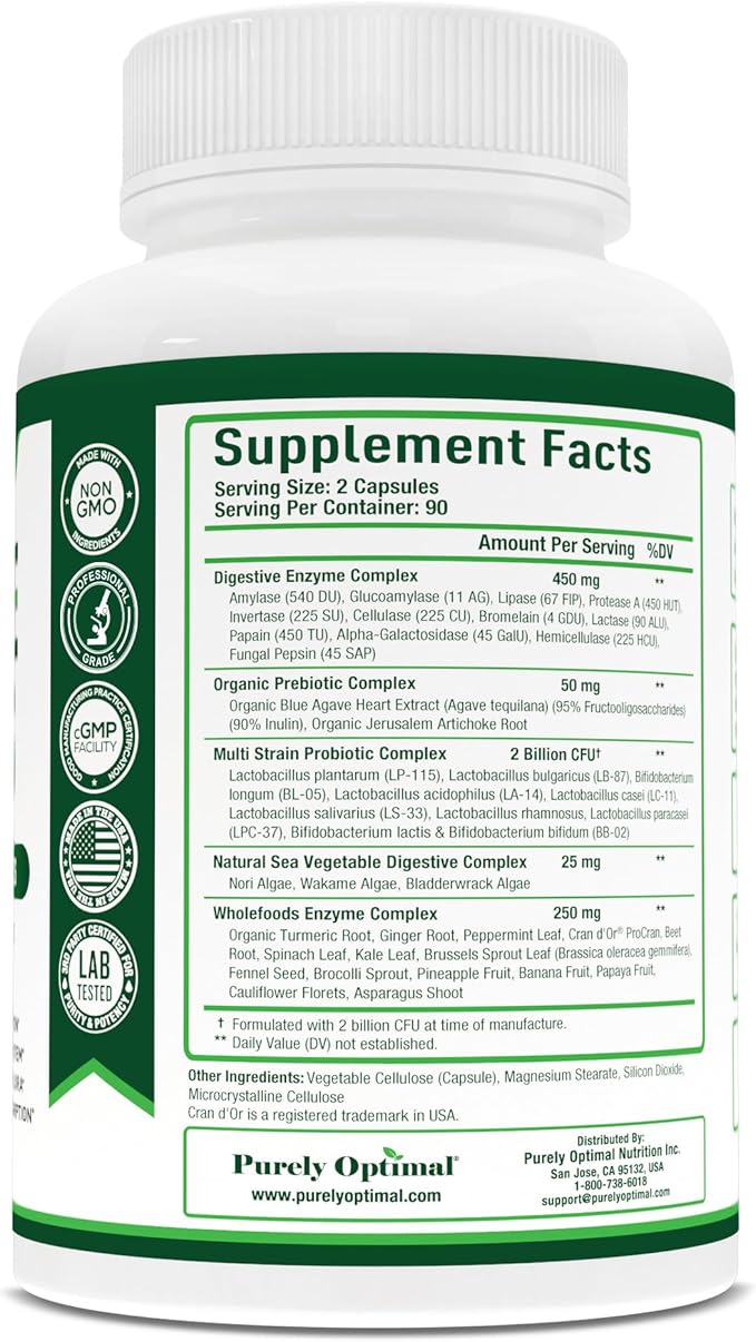 Purely Optimal Digestive Enzymes for Women and Men – Multi-Enzyme Supplement for Bloating Relief Digestion and Heavy Meal Support – with Probiotics and Prebiotics for Gut Health – 180 Capsules